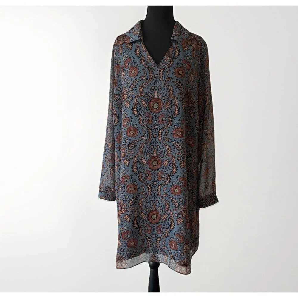 CABi Floral‎ Provincal Tunic Dress V-neck Long Sleeve Size Large Autumn Floral